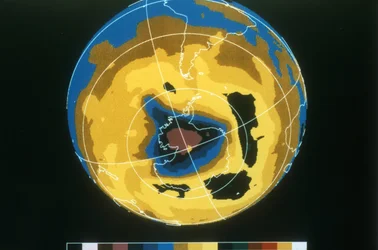 Falschfarbenbild des antarktischen Ozonlochs, 30. November 1992.